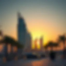 Stunning view of Al Habtoor Towers at sunset
