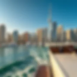 A scenic view of Dubai Marina with ferry in the foreground