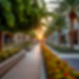A scenic view of Al Khawaneej Walk showcasing lush greenery and modern architecture