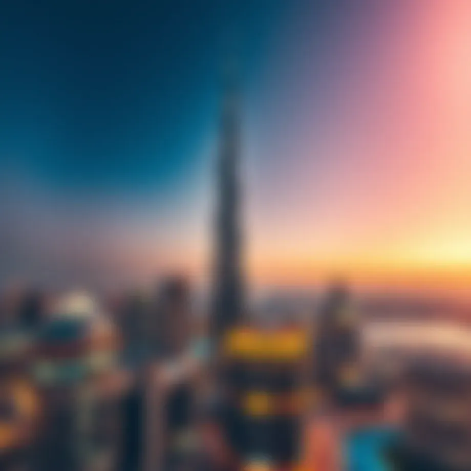 Panoramic view of the Burj Khalifa at sunset