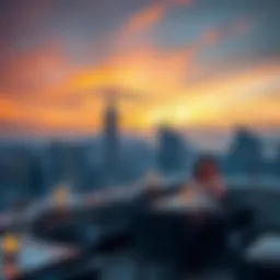 Stunning rooftop view of a city skyline at sunset